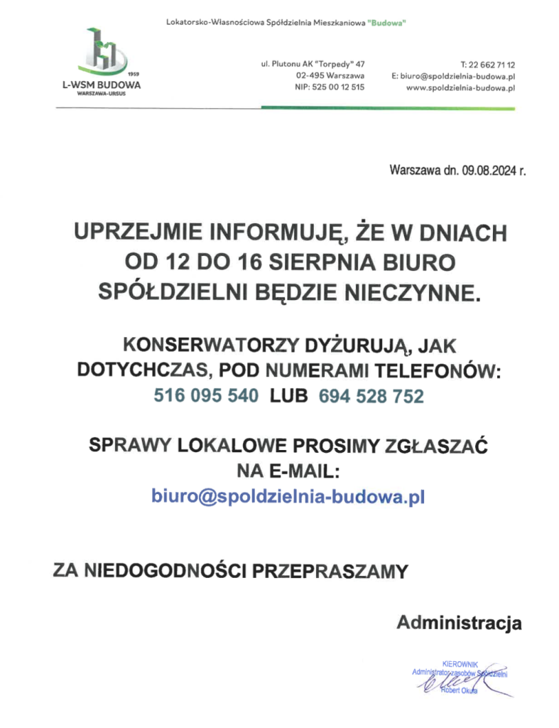 Biuro Spółdzielni nieczynne w dniach 12-16 sierpnia 2024